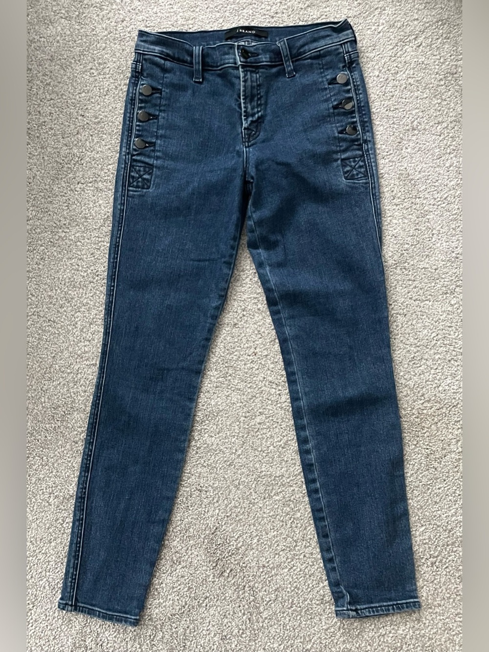 J Brand Dark Blue Skinny Jeans with Side Button Trim